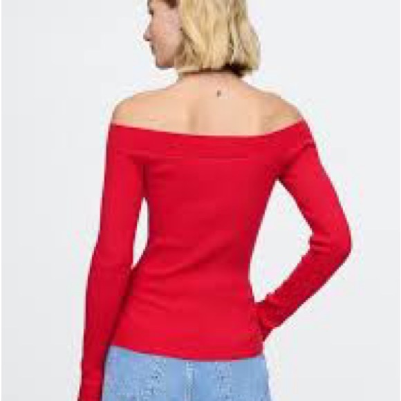 GAP Vibrant Red Ribbed Knit Off the Shoulder Sweater Top - Picture 5 of 10